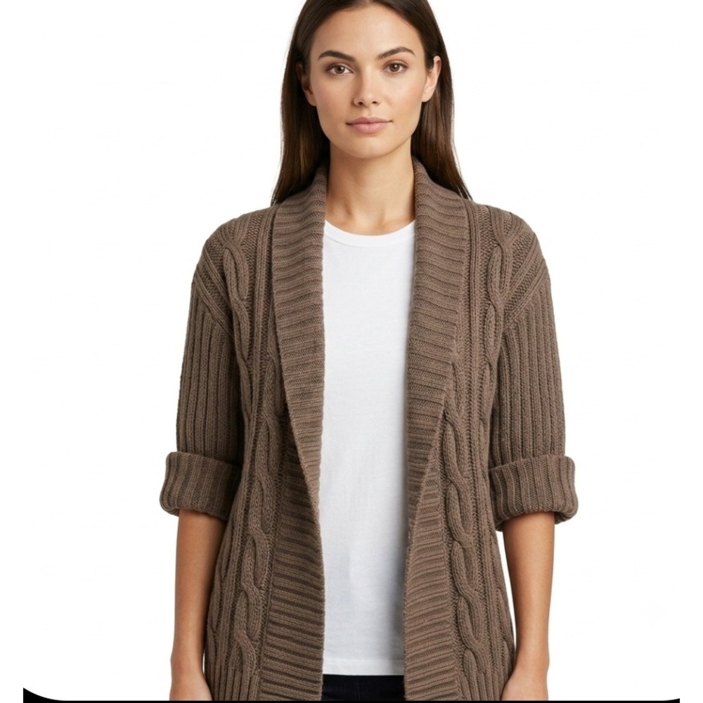 Old Navy Cardigan Womens Medium Brown Cable Knit Shawl Collar Open Front Sweater